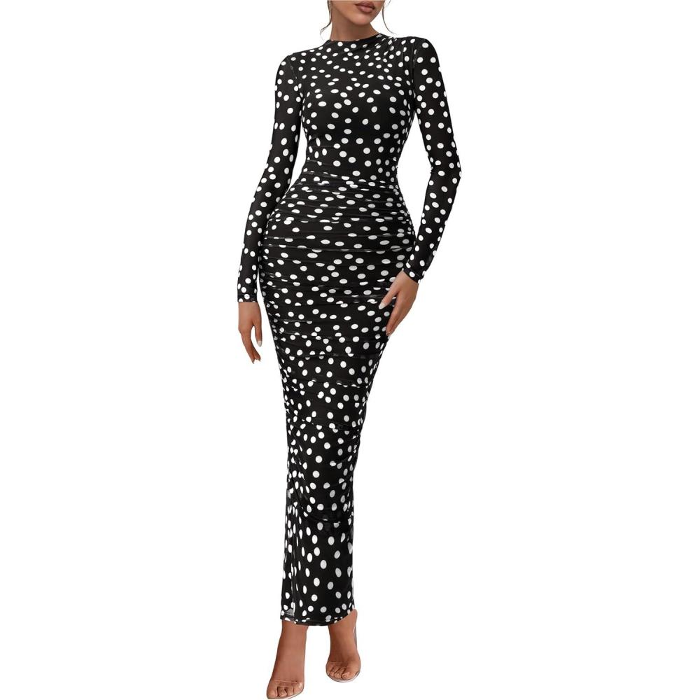 imagePRETTYGARDEN Womens Long Sleeve Maxi Dresses 2026 Spring Ruched Bodycon Floral Mesh Formal Wedding Guest Cocktail Party DressPolka Dot Black