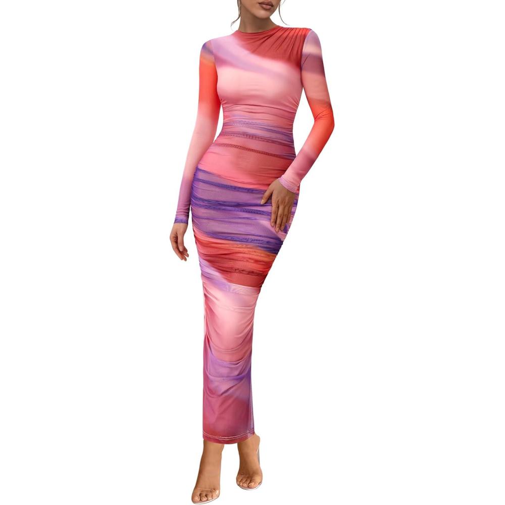 imagePRETTYGARDEN Womens Long Sleeve Maxi Dresses 2026 Spring Ruched Bodycon Floral Mesh Formal Wedding Guest Cocktail Party DressRainbow Print