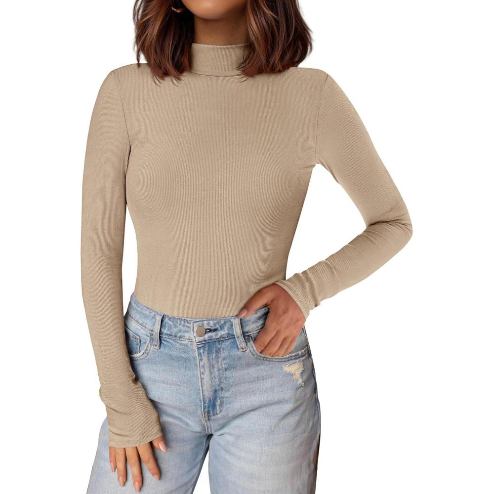 imagePRETTYGARDEN Womens Turtleneck Long Sleeve Shirts 2026 Fall Basic Tees Ribbed Fitted Tops Thermal Layering Knit Top ClothesApricot