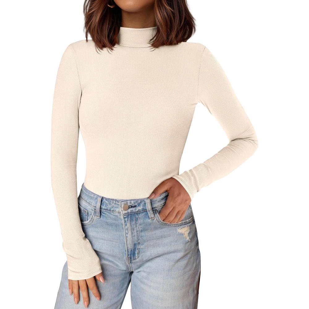 imagePRETTYGARDEN Womens Turtleneck Long Sleeve Shirts 2026 Fall Basic Tees Ribbed Fitted Tops Thermal Layering Knit Top ClothesBeige