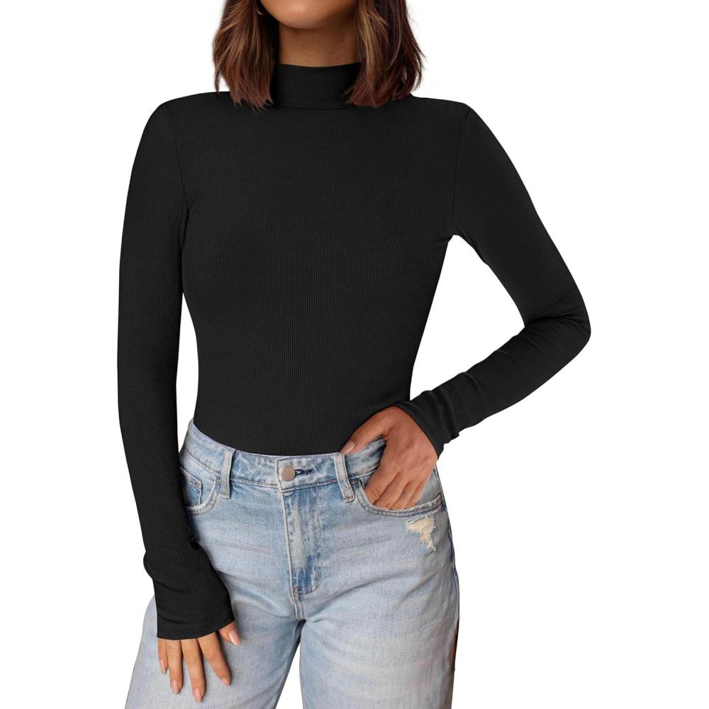 imagePRETTYGARDEN Womens Turtleneck Long Sleeve Shirts 2026 Fall Basic Tees Ribbed Fitted Tops Thermal Layering Knit Top ClothesBlack