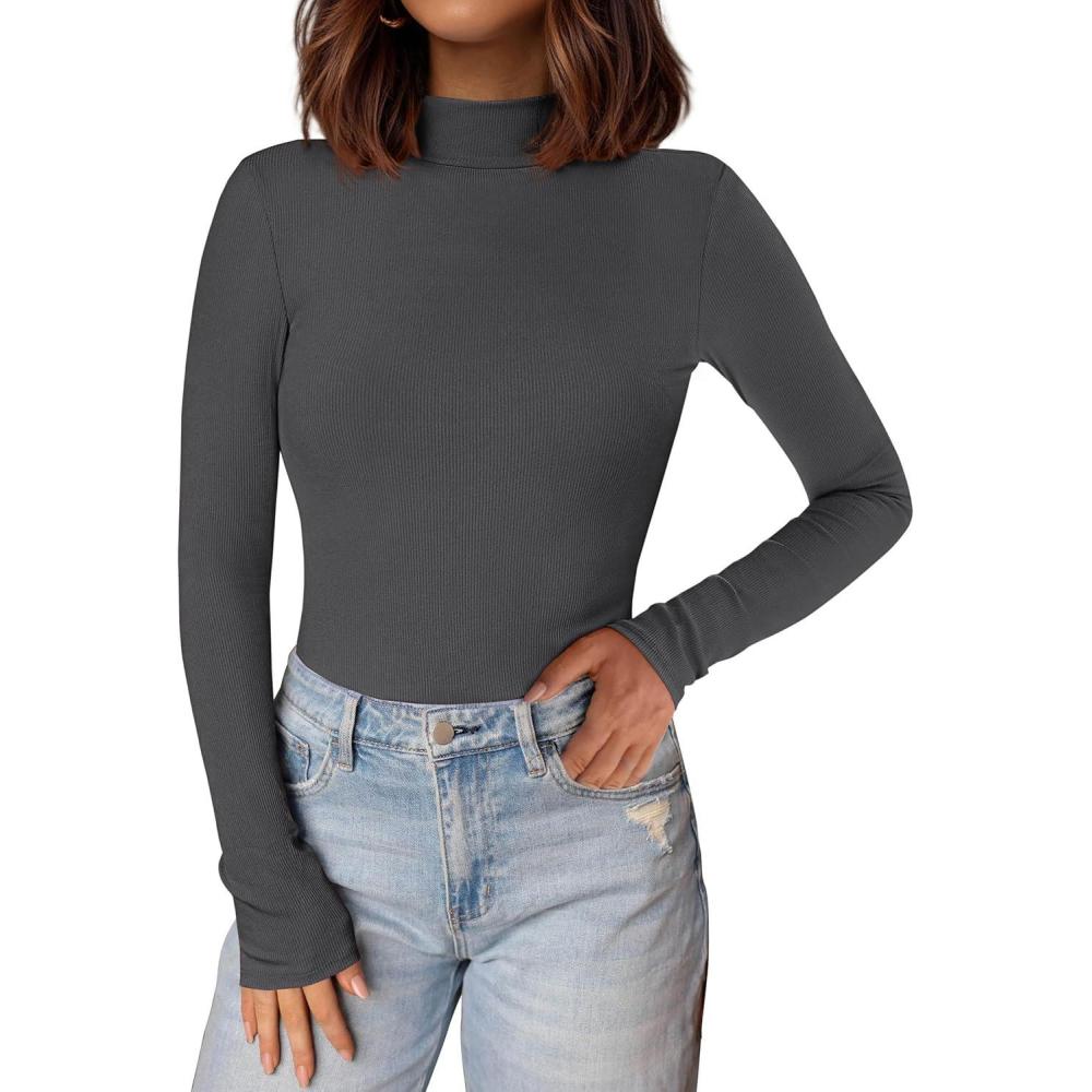 imagePRETTYGARDEN Womens Turtleneck Long Sleeve Shirts 2026 Fall Basic Tees Ribbed Fitted Tops Thermal Layering Knit Top ClothesDark Grey