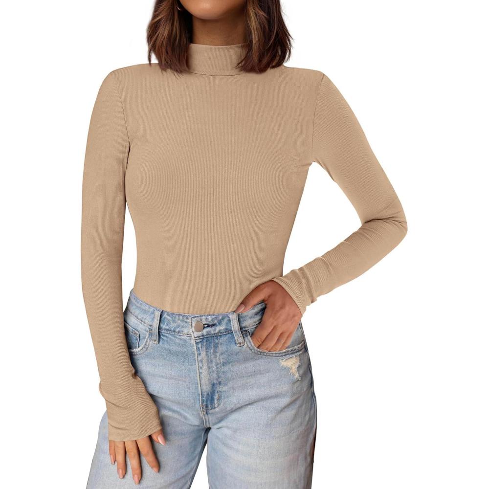 imagePRETTYGARDEN Womens Turtleneck Long Sleeve Shirts 2026 Fall Basic Tees Ribbed Fitted Tops Thermal Layering Knit Top ClothesKhaki