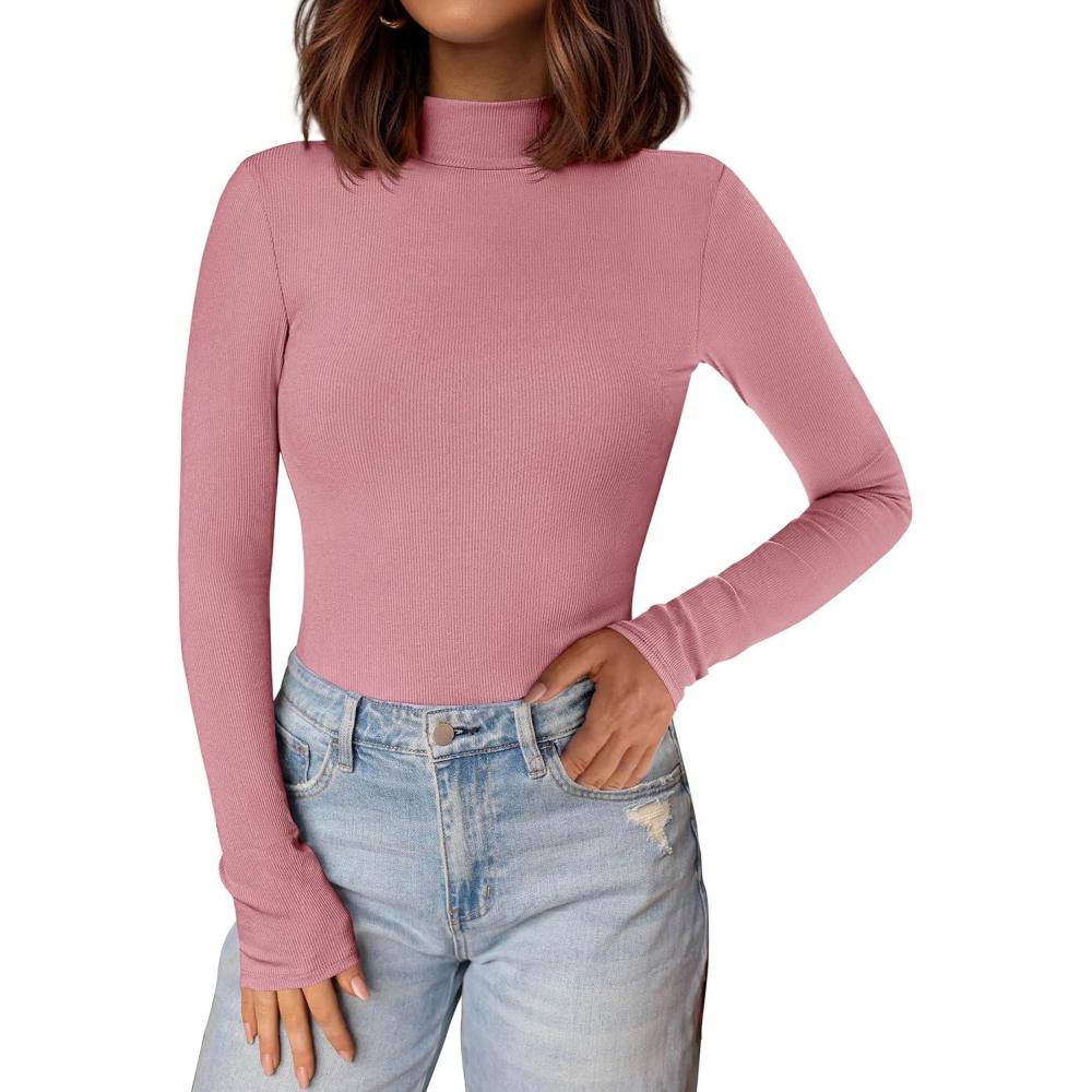 imagePRETTYGARDEN Womens Turtleneck Long Sleeve Shirts 2026 Fall Basic Tees Ribbed Fitted Tops Thermal Layering Knit Top ClothesPink