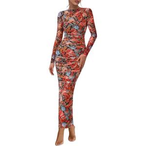 PRETTYGARDEN Womens Long Sleeve Maxi Dresses 2026 Spring Ruched Bodycon Floral Mesh Formal Wedding Guest Cocktail Party Dress(Black Multicolored Floral)