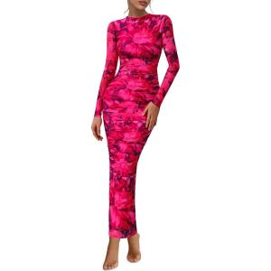 PRETTYGARDEN Womens Long Sleeve Maxi Dresses 2026 Spring Ruched Bodycon Floral Mesh Formal Wedding Guest Cocktail Party Dress(Black Rose Red Big Floral)