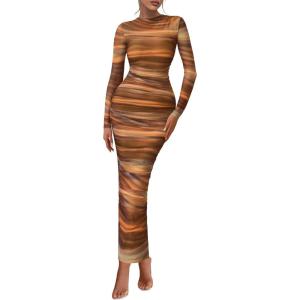 PRETTYGARDEN Womens Long Sleeve Maxi Dresses 2026 Spring Ruched Bodycon Floral Mesh Formal Wedding Guest Cocktail Party Dress(Brown Floral)
