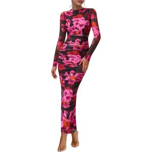 PRETTYGARDEN Womens Long Sleeve Maxi Dresses 2026 Spring Ruched Bodycon Floral Mesh Formal Wedding Guest Cocktail Party Dress(Floral Black Pink)