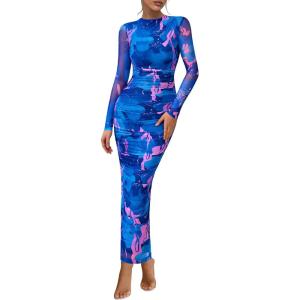 PRETTYGARDEN Womens Long Sleeve Maxi Dresses 2026 Spring Ruched Bodycon Floral Mesh Formal Wedding Guest Cocktail Party Dress(Floral Blue Pink)