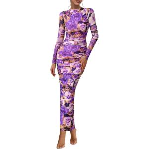 PRETTYGARDEN Womens Long Sleeve Maxi Dresses 2026 Spring Ruched Bodycon Floral Mesh Formal Wedding Guest Cocktail Party Dress(Floral Grey Purple)