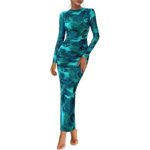 PRETTYGARDEN Womens Long Sleeve Maxi Dresses 2026 Spring Ruched Bodycon Floral Mesh Formal Wedding Guest Cocktail Party Dress(Floral Lake Blue)