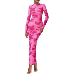 PRETTYGARDEN Womens Long Sleeve Maxi Dresses 2026 Spring Ruched Bodycon Floral Mesh Formal Wedding Guest Cocktail Party Dress(Floral Pink Rose Red)