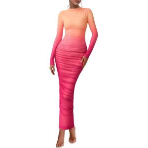 PRETTYGARDEN Womens Long Sleeve Maxi Dresses 2026 Spring Ruched Bodycon Floral Mesh Formal Wedding Guest Cocktail Party Dress(Gradient Bean Paste)