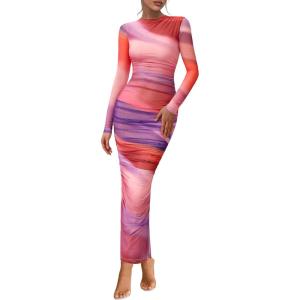 PRETTYGARDEN Womens Long Sleeve Maxi Dresses 2026 Spring Ruched Bodycon Floral Mesh Formal Wedding Guest Cocktail Party Dress(Rainbow Print)