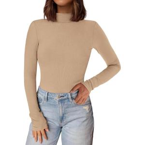 PRETTYGARDEN Women’s Turtleneck Long Sleeve Shirts 2026 Fall Basic Tees Ribbed Fitted Tops Thermal Layering Knit Top Clothes(Khaki)