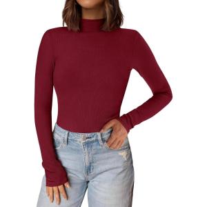 PRETTYGARDEN Women’s Turtleneck Long Sleeve Shirts 2026 Fall Basic Tees Ribbed Fitted Tops Thermal Layering Knit Top Clothes(Wine Red)
