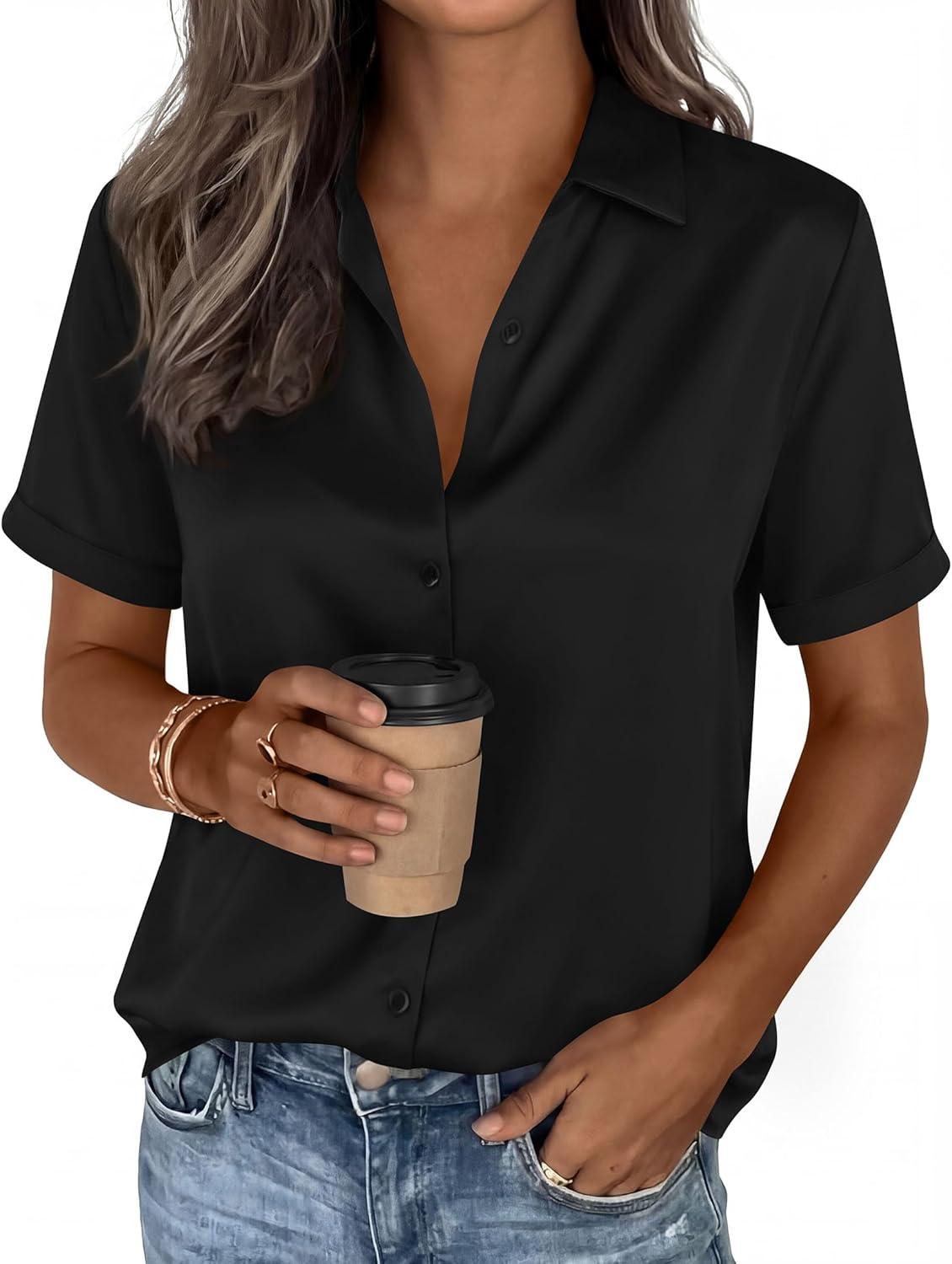 imagePRETTYGARDEN Womens 2026 Summer Button Down Shirts Short Sleeve Work Tops Dressy Satin Blouses Spring Business Casual OutfitsBlack