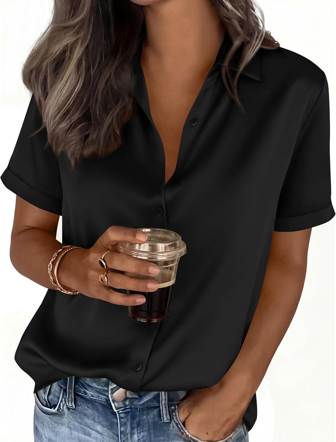imagePRETTYGARDEN Womens 2026 Summer Button Down Shirts Short Sleeve Work Tops Dressy Satin Blouses Spring Business Casual OutfitsBlack