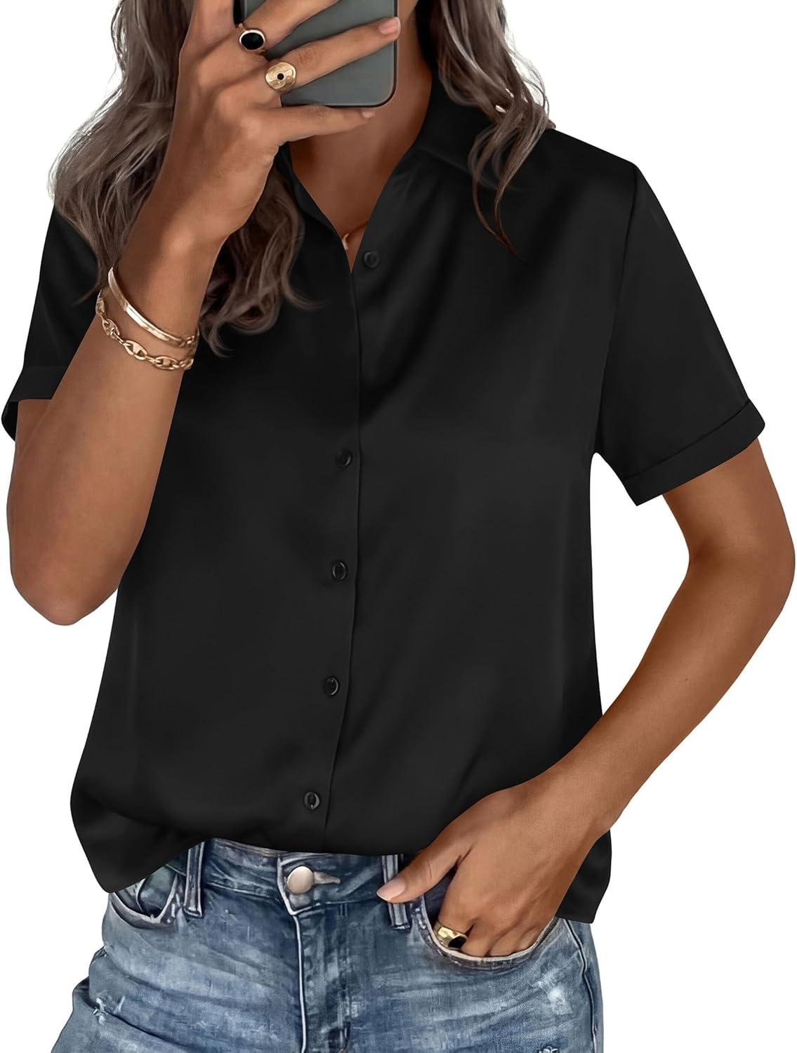 imagePRETTYGARDEN Womens 2026 Summer Button Down Shirts Short Sleeve Work Tops Dressy Satin Blouses Spring Business Casual OutfitsBlack