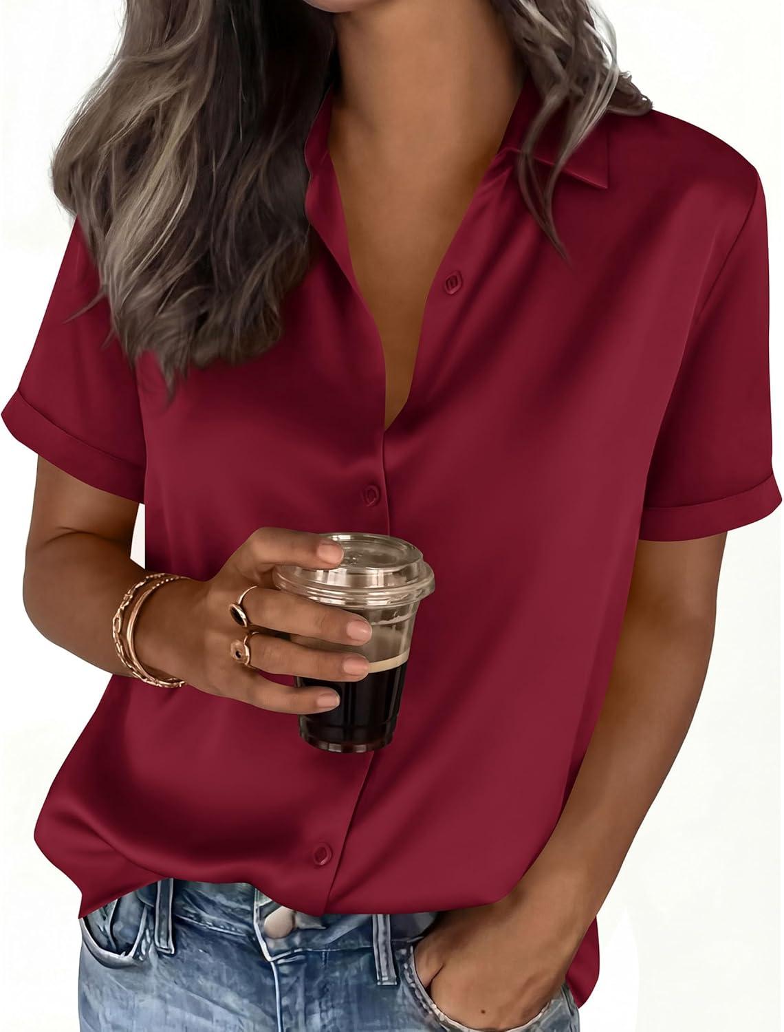 imagePRETTYGARDEN Womens 2026 Summer Button Down Shirts Short Sleeve Work Tops Dressy Satin Blouses Spring Business Casual OutfitsBurgundy