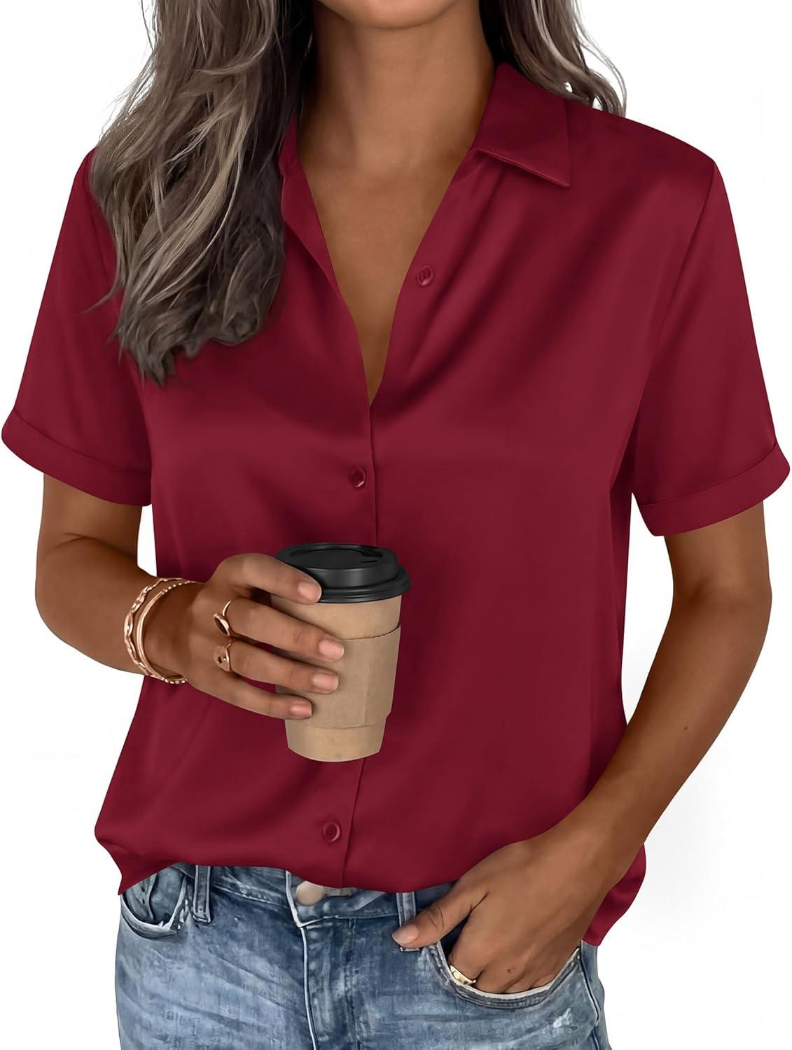 imagePRETTYGARDEN Womens 2026 Summer Button Down Shirts Short Sleeve Work Tops Dressy Satin Blouses Spring Business Casual OutfitsBurgundy
