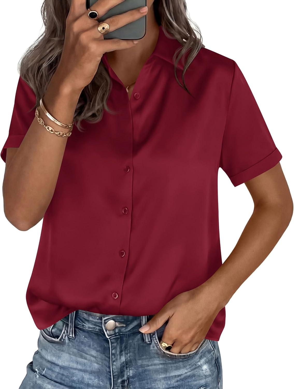 imagePRETTYGARDEN Womens 2026 Summer Button Down Shirts Short Sleeve Work Tops Dressy Satin Blouses Spring Business Casual OutfitsBurgundy