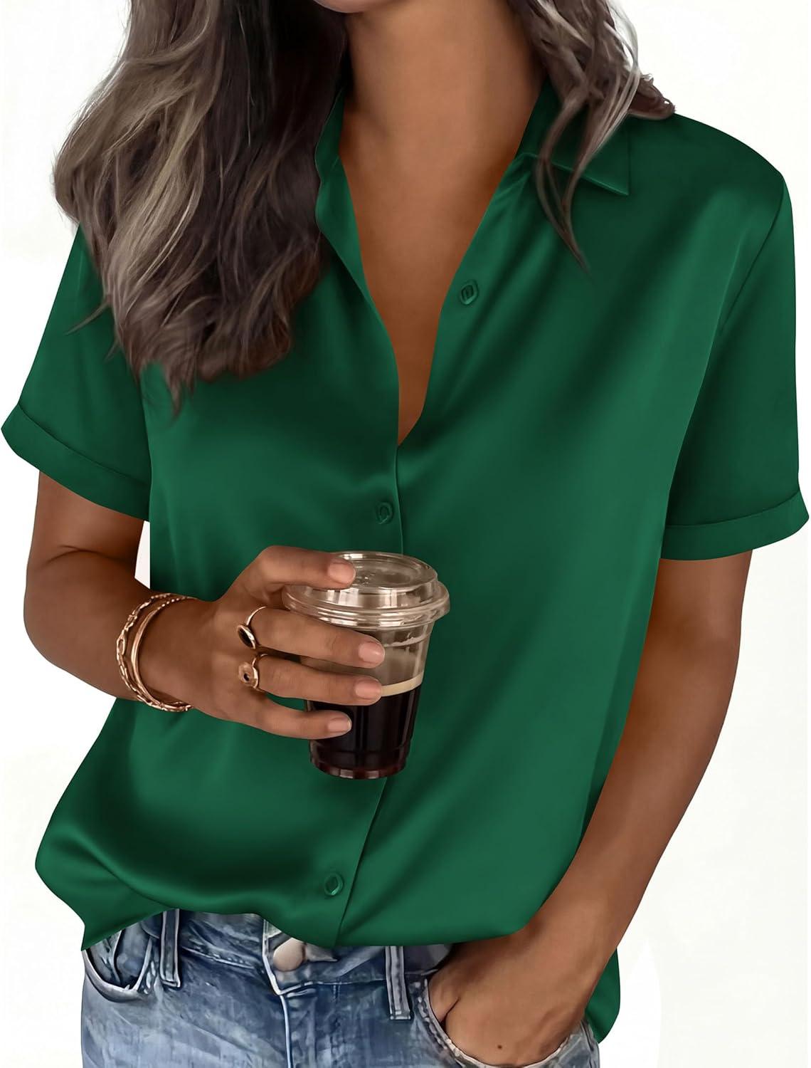 imagePRETTYGARDEN Womens 2026 Summer Button Down Shirts Short Sleeve Work Tops Dressy Satin Blouses Spring Business Casual OutfitsDark Green