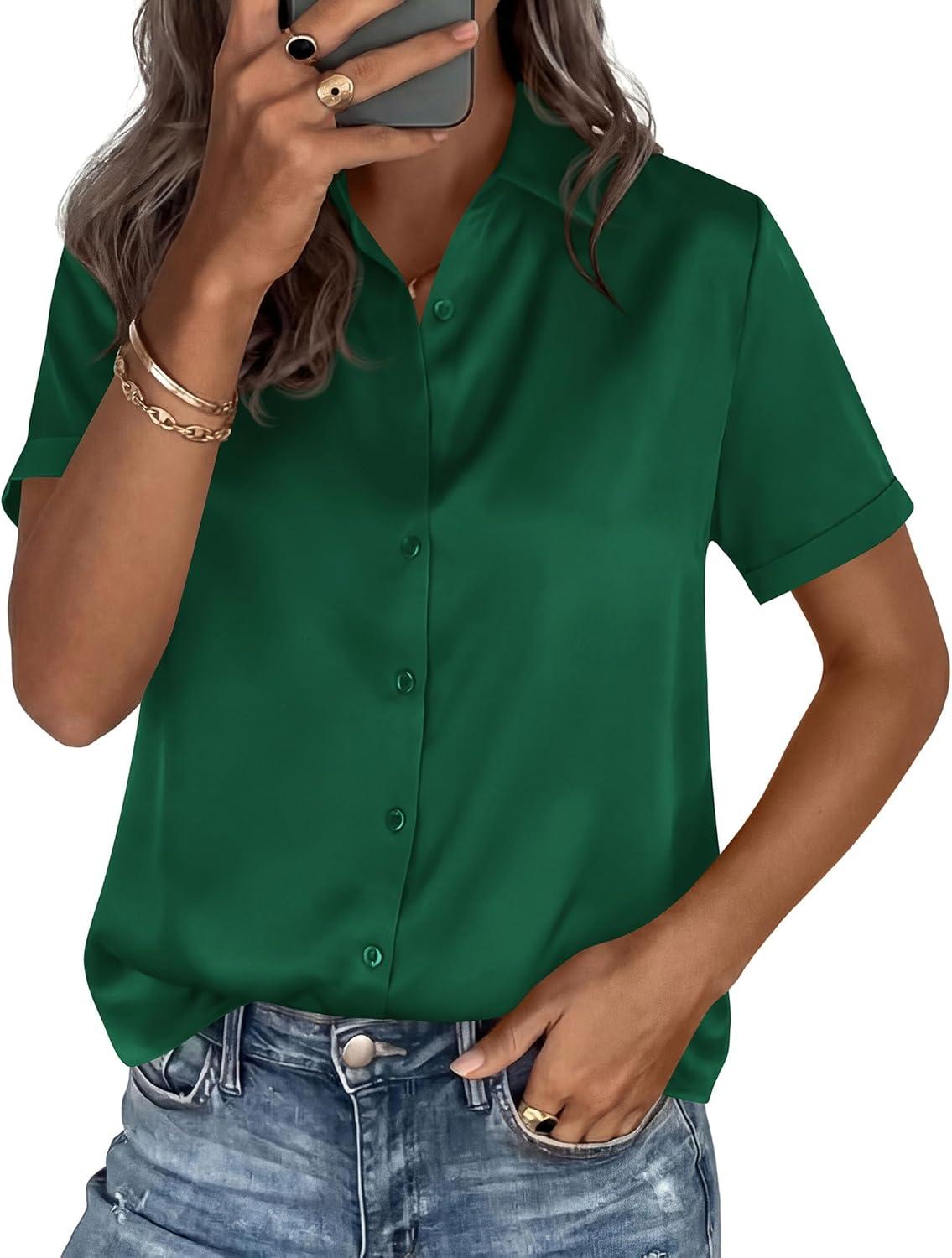 imagePRETTYGARDEN Womens 2026 Summer Button Down Shirts Short Sleeve Work Tops Dressy Satin Blouses Spring Business Casual OutfitsDark Green