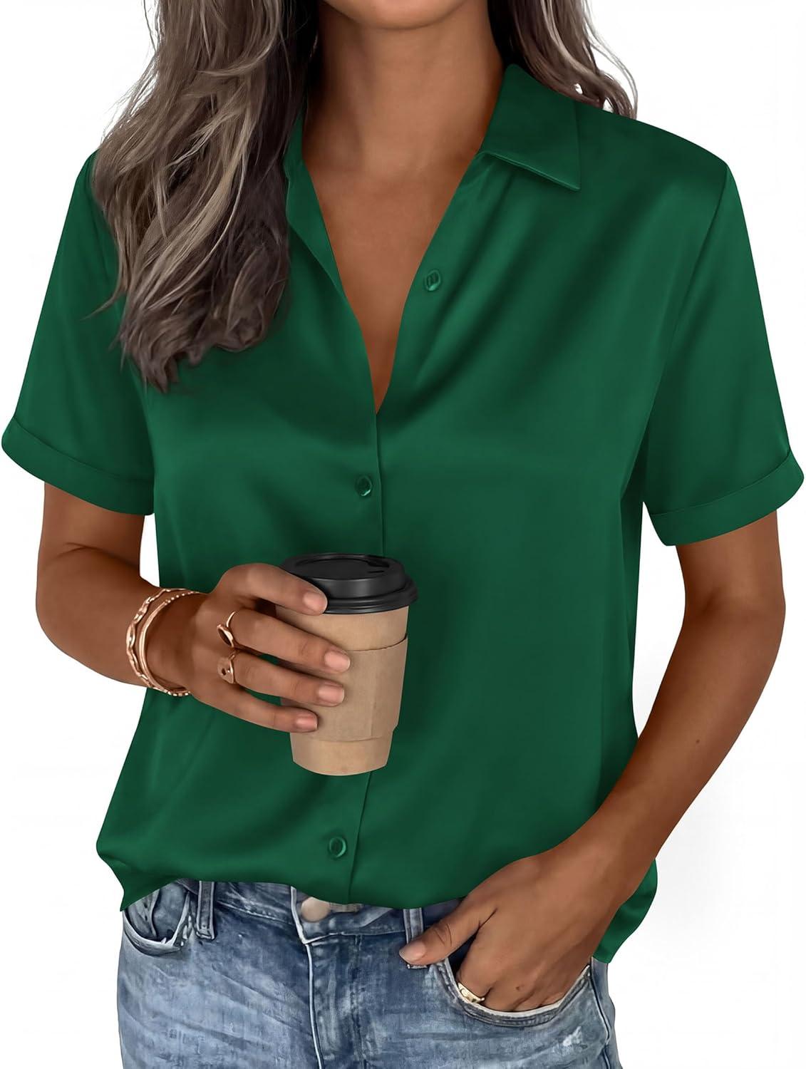 imagePRETTYGARDEN Womens 2026 Summer Button Down Shirts Short Sleeve Work Tops Dressy Satin Blouses Spring Business Casual OutfitsDark Green