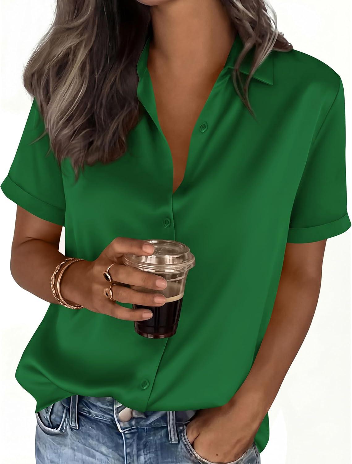 imagePRETTYGARDEN Womens 2026 Summer Button Down Shirts Short Sleeve Work Tops Dressy Satin Blouses Spring Business Casual OutfitsGreen