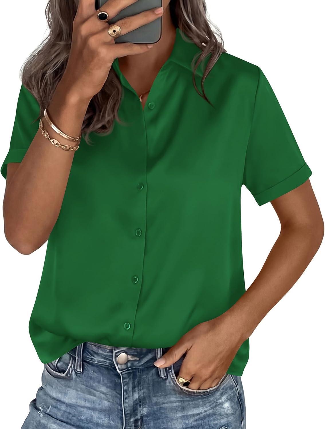 imagePRETTYGARDEN Womens 2026 Summer Button Down Shirts Short Sleeve Work Tops Dressy Satin Blouses Spring Business Casual OutfitsGreen