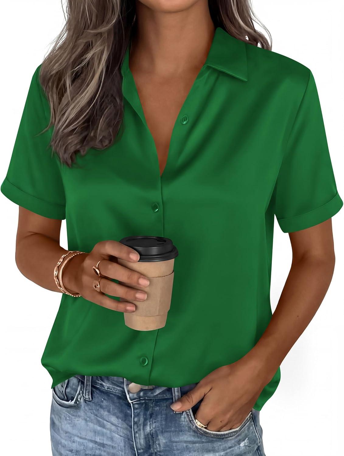 imagePRETTYGARDEN Womens 2026 Summer Button Down Shirts Short Sleeve Work Tops Dressy Satin Blouses Spring Business Casual OutfitsGreen