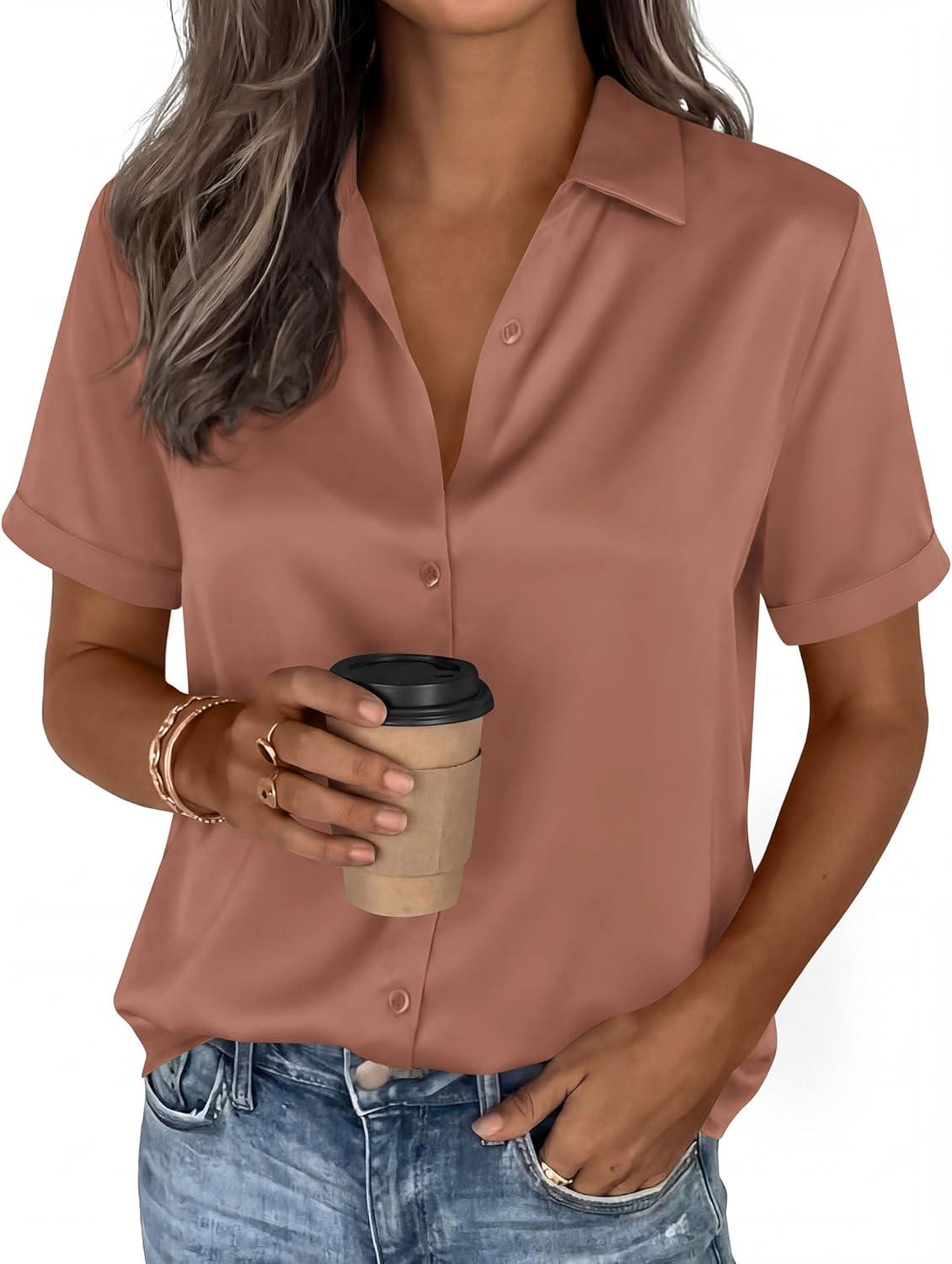 imagePRETTYGARDEN Womens 2026 Summer Button Down Shirts Short Sleeve Work Tops Dressy Satin Blouses Spring Business Casual OutfitsLight Coffee