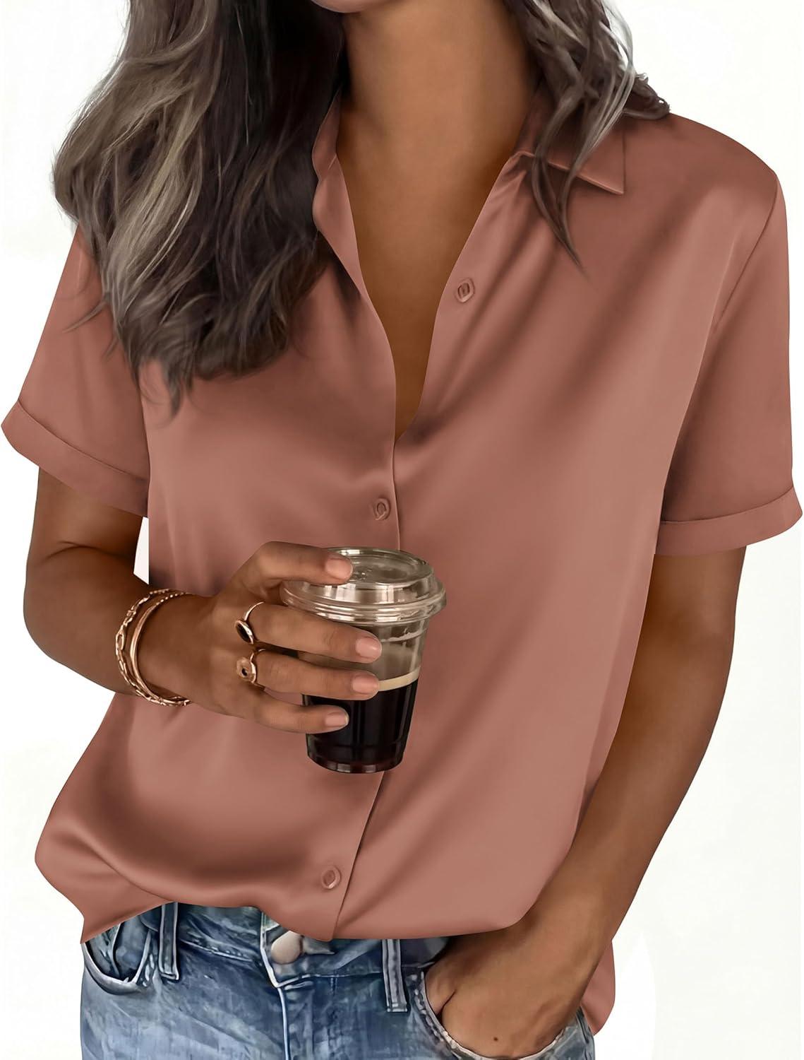 imagePRETTYGARDEN Womens 2026 Summer Button Down Shirts Short Sleeve Work Tops Dressy Satin Blouses Spring Business Casual OutfitsLight Coffee