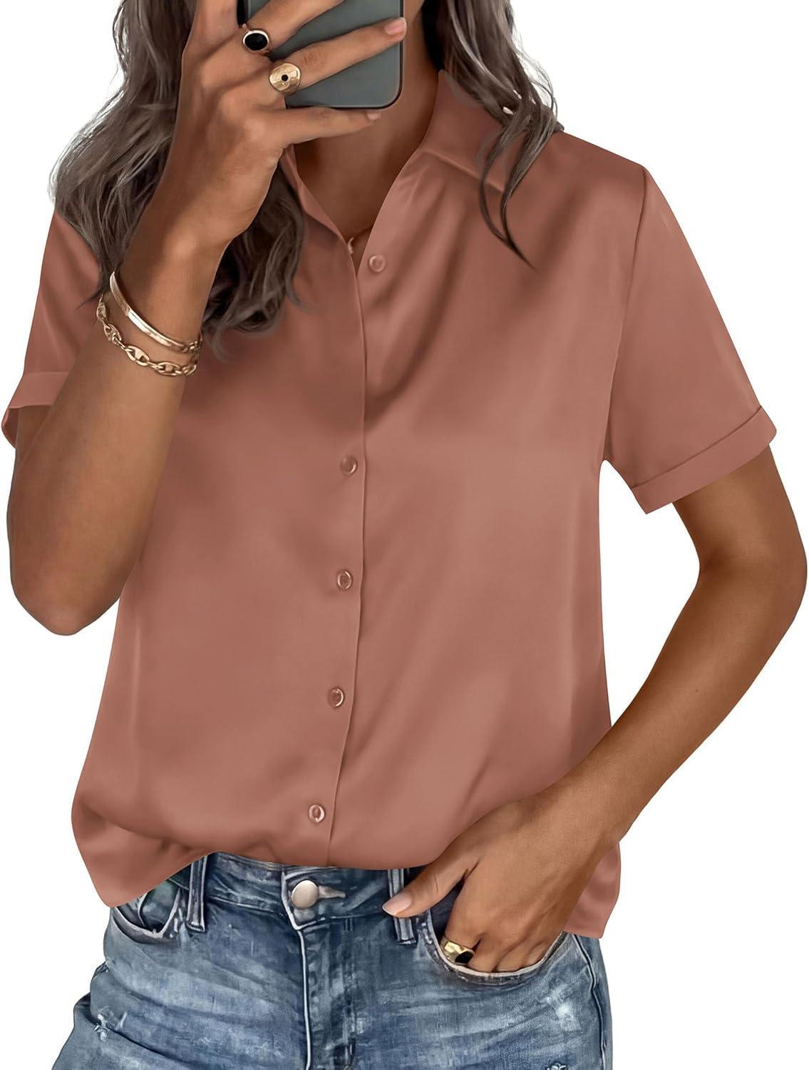 imagePRETTYGARDEN Womens 2026 Summer Button Down Shirts Short Sleeve Work Tops Dressy Satin Blouses Spring Business Casual OutfitsLight Coffee