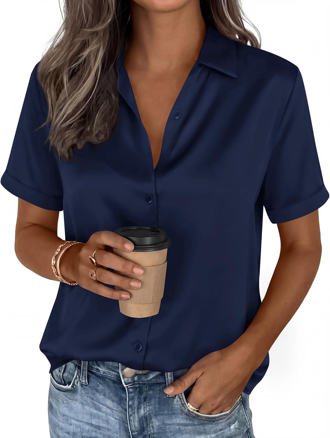 imagePRETTYGARDEN Womens 2026 Summer Button Down Shirts Short Sleeve Work Tops Dressy Satin Blouses Spring Business Casual OutfitsNavy Blue