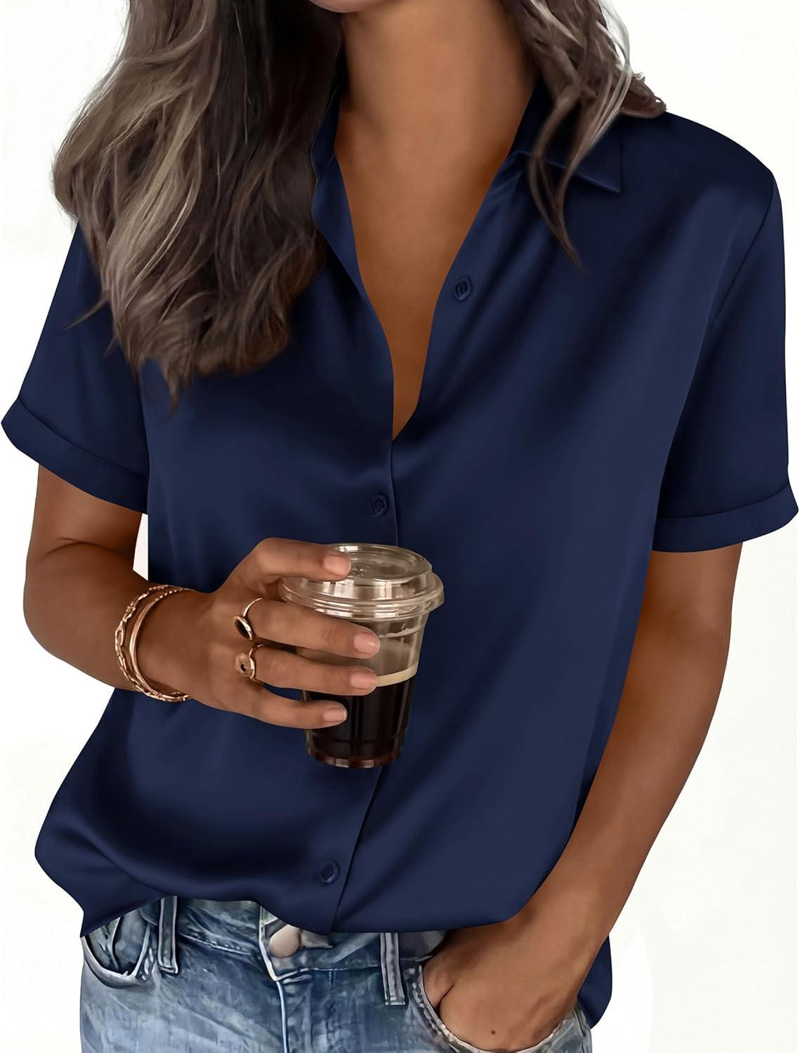 imagePRETTYGARDEN Womens 2026 Summer Button Down Shirts Short Sleeve Work Tops Dressy Satin Blouses Spring Business Casual OutfitsNavy Blue