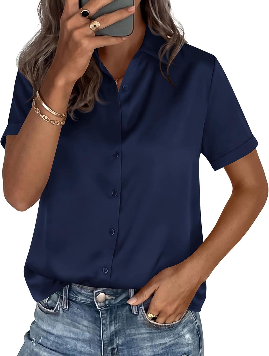 imagePRETTYGARDEN Womens 2026 Summer Button Down Shirts Short Sleeve Work Tops Dressy Satin Blouses Spring Business Casual OutfitsNavy Blue