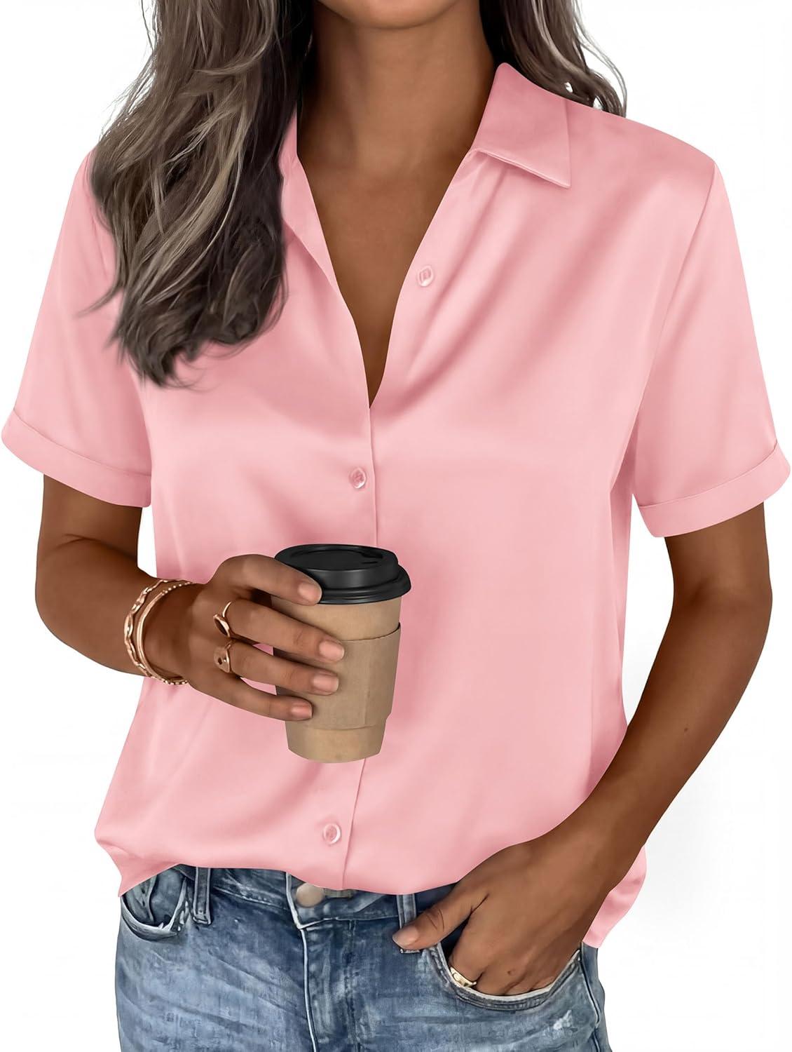 imagePRETTYGARDEN Womens 2026 Summer Button Down Shirts Short Sleeve Work Tops Dressy Satin Blouses Spring Business Casual OutfitsPink