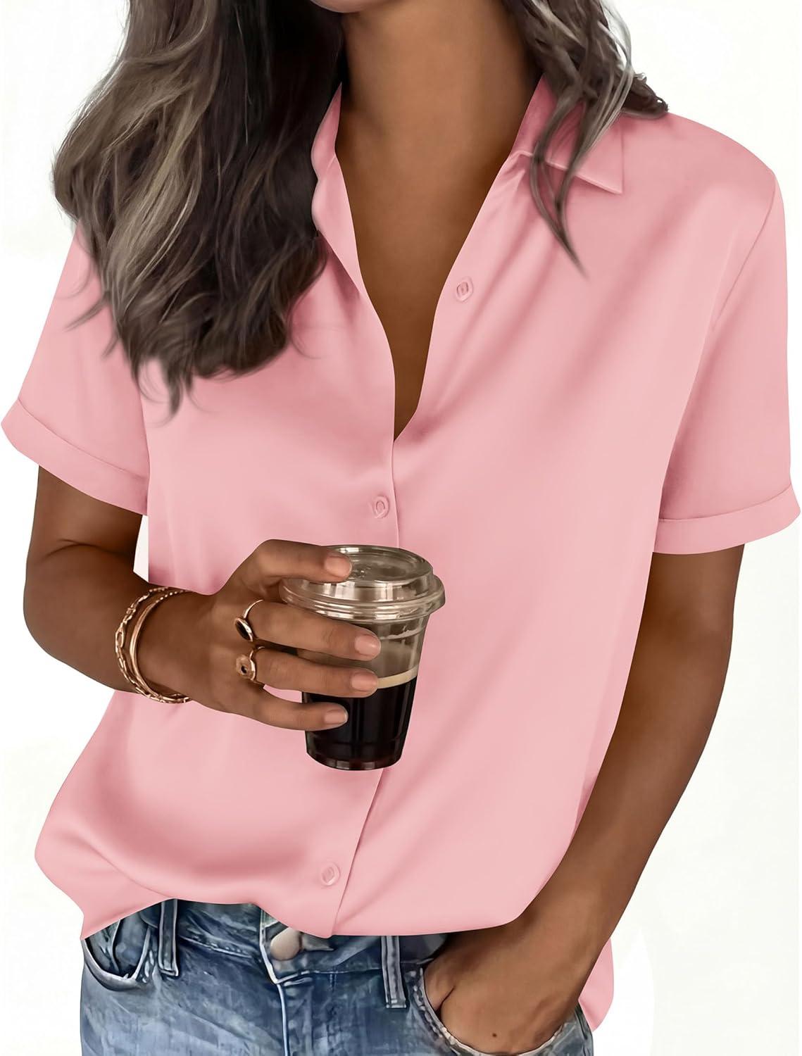 imagePRETTYGARDEN Womens 2026 Summer Button Down Shirts Short Sleeve Work Tops Dressy Satin Blouses Spring Business Casual OutfitsPink