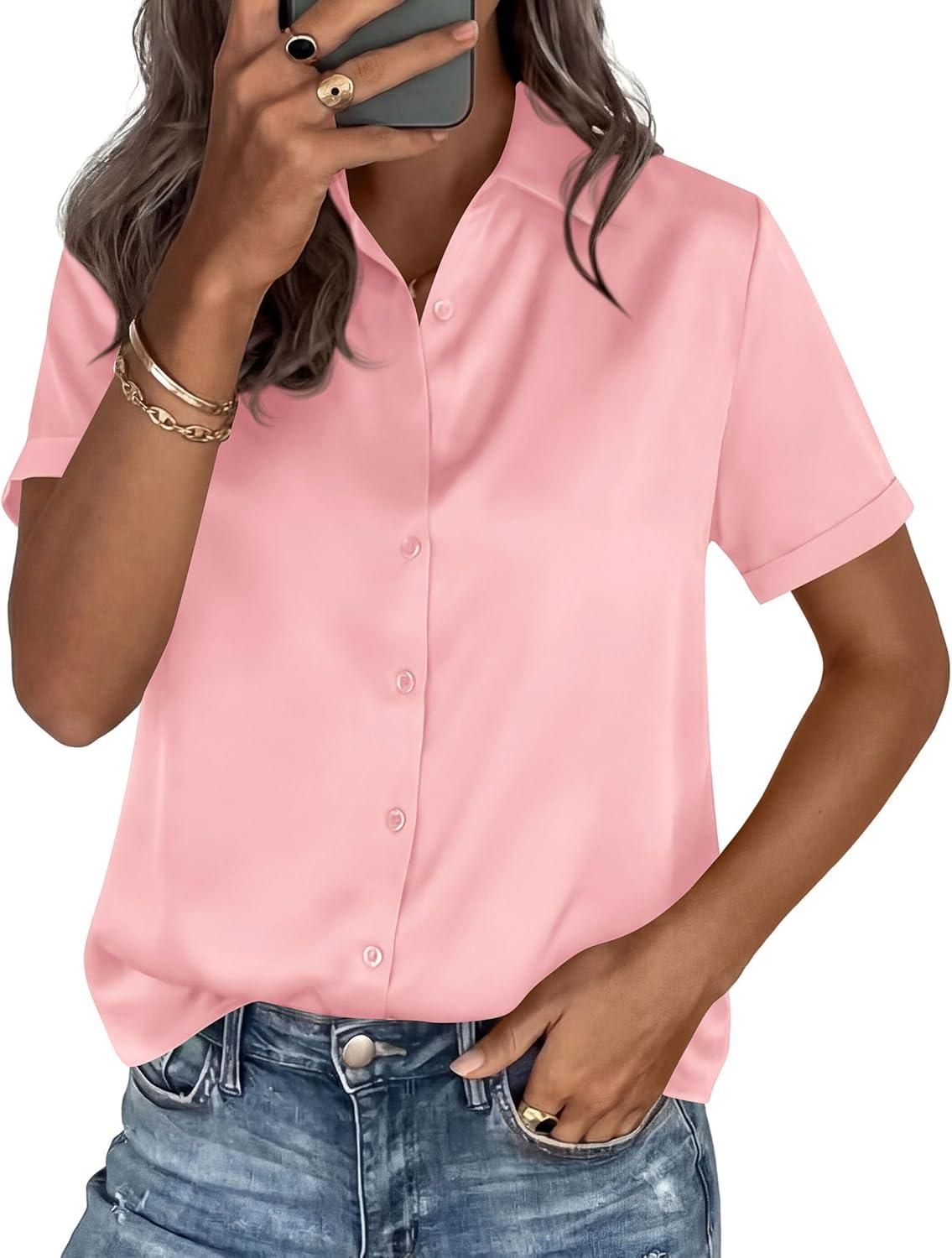imagePRETTYGARDEN Womens 2026 Summer Button Down Shirts Short Sleeve Work Tops Dressy Satin Blouses Spring Business Casual OutfitsPink
