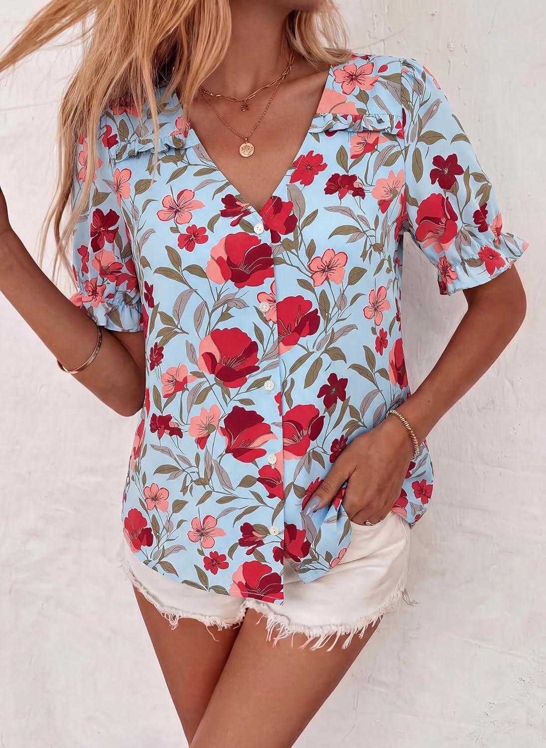 imagePRETTYGARDEN Womens Boho Tops Summer 2026 V Neck Puff Sleeve Casual Button Down Ruffle Floral Blouses Shirts Work ClothesBlue Pink Flower