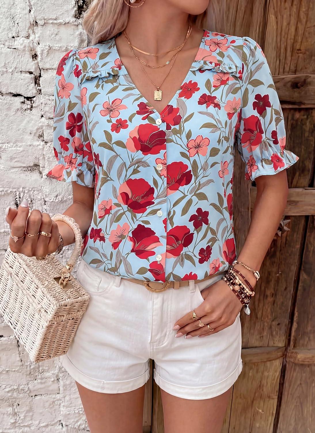imagePRETTYGARDEN Womens Boho Tops Summer 2026 V Neck Puff Sleeve Casual Button Down Ruffle Floral Blouses Shirts Work ClothesBlue Pink Flower