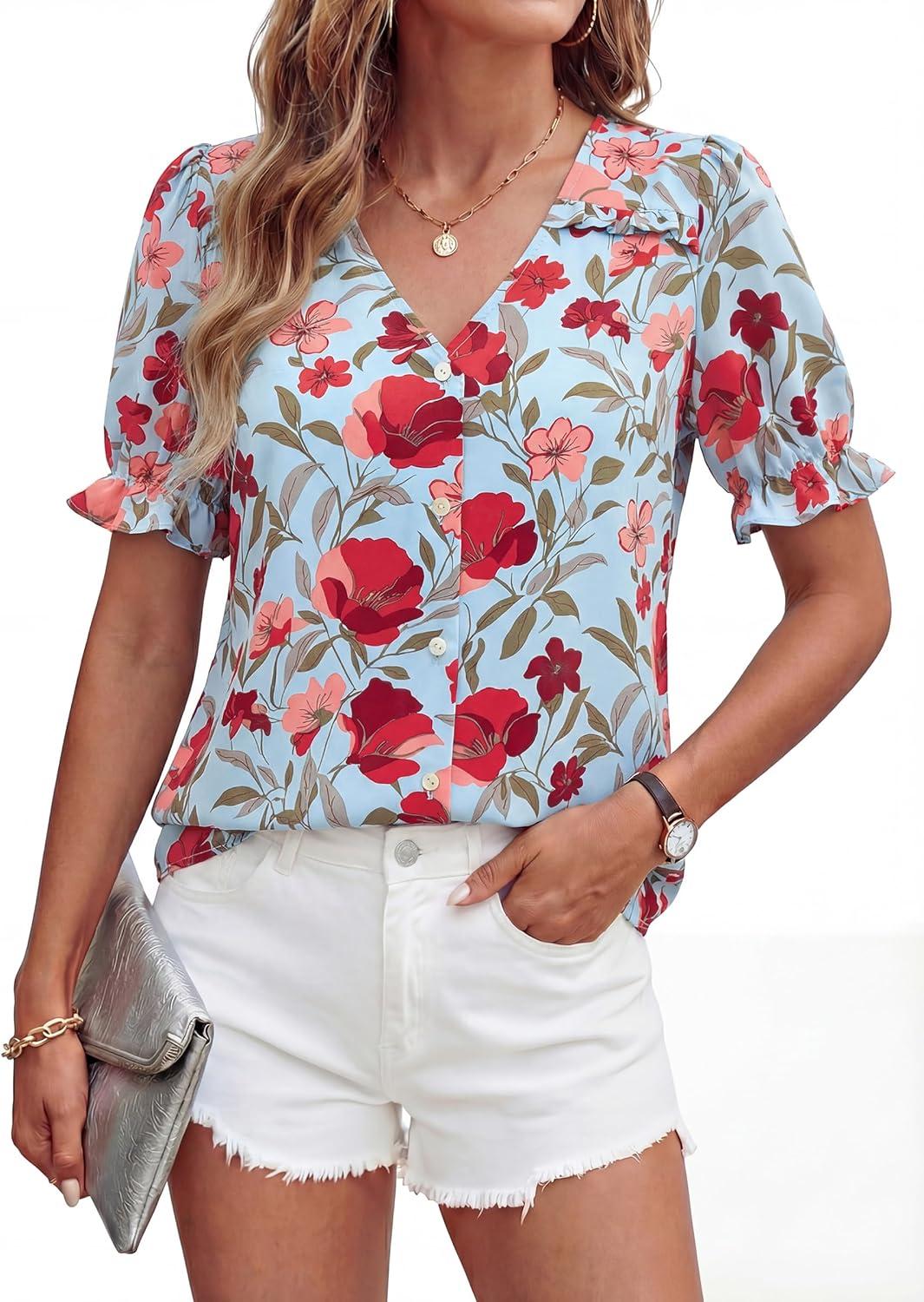 imagePRETTYGARDEN Womens Boho Tops Summer 2026 V Neck Puff Sleeve Casual Button Down Ruffle Floral Blouses Shirts Work ClothesBlue Pink Flower