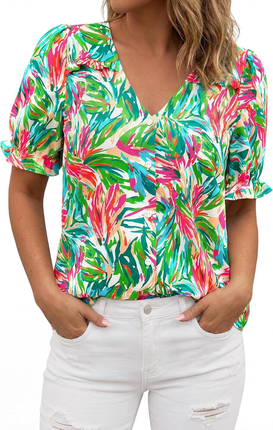 imagePRETTYGARDEN Womens Boho Tops Summer 2026 V Neck Puff Sleeve Casual Button Down Ruffle Floral Blouses Shirts Work ClothesBright Green