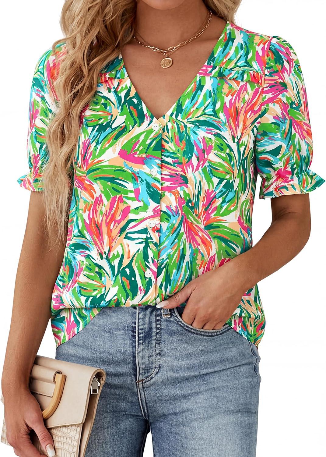 imagePRETTYGARDEN Womens Boho Tops Summer 2026 V Neck Puff Sleeve Casual Button Down Ruffle Floral Blouses Shirts Work ClothesBright Green