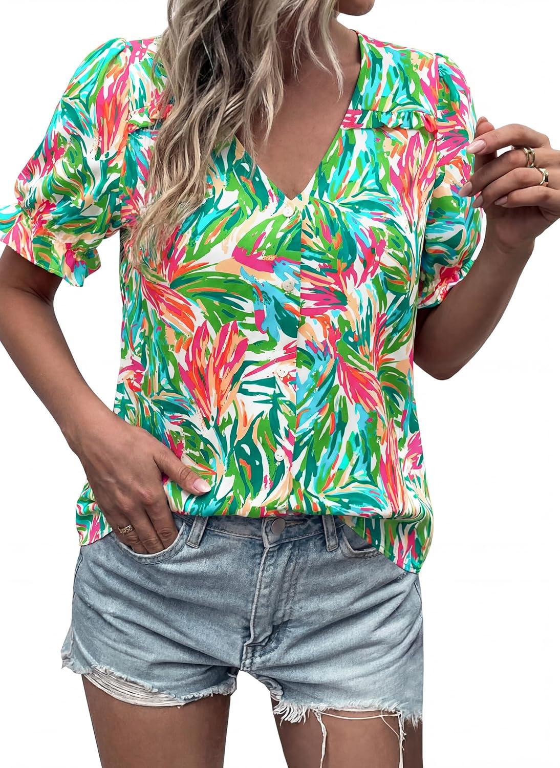 imagePRETTYGARDEN Womens Boho Tops Summer 2026 V Neck Puff Sleeve Casual Button Down Ruffle Floral Blouses Shirts Work ClothesBright Green