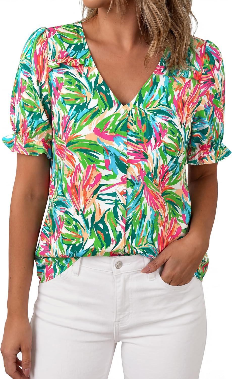 imagePRETTYGARDEN Womens Boho Tops Summer 2026 V Neck Puff Sleeve Casual Button Down Ruffle Floral Blouses Shirts Work ClothesBright Green
