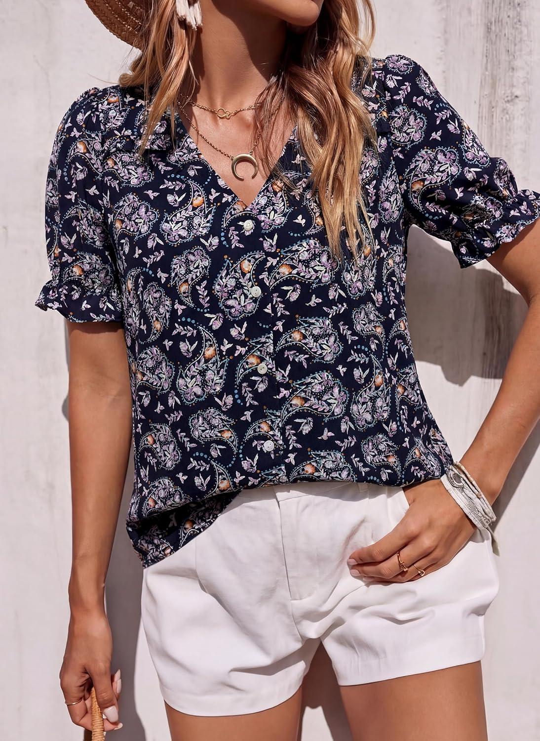 imagePRETTYGARDEN Womens Boho Tops Summer 2026 V Neck Puff Sleeve Casual Button Down Ruffle Floral Blouses Shirts Work ClothesFloral Navy