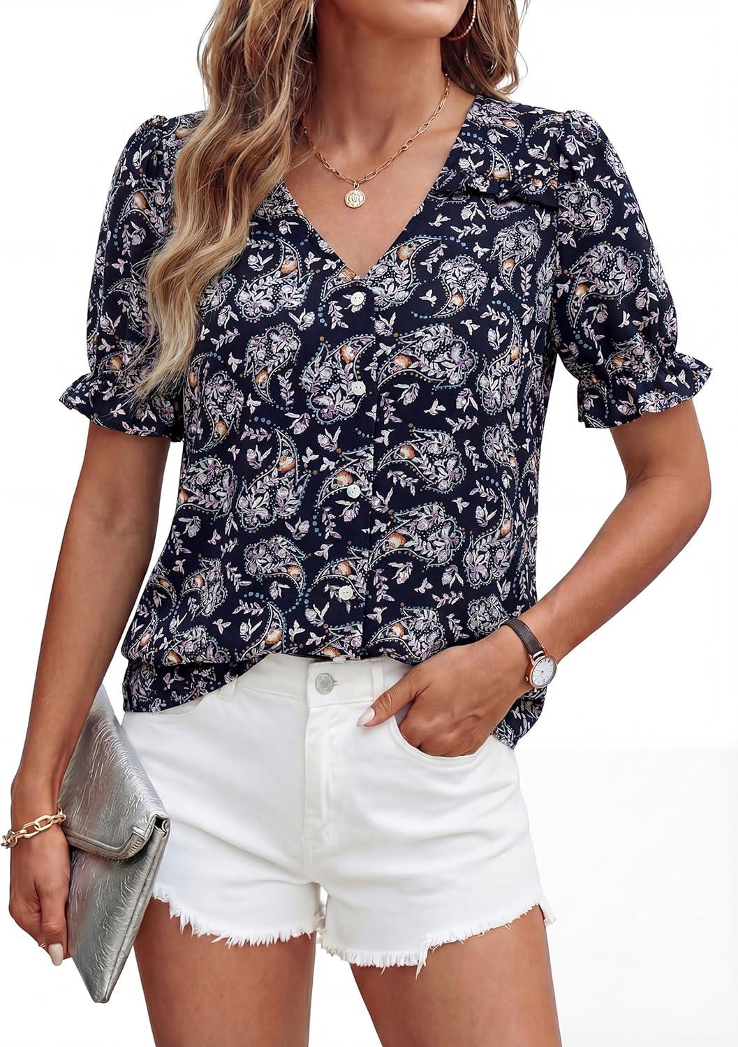 imagePRETTYGARDEN Womens Boho Tops Summer 2026 V Neck Puff Sleeve Casual Button Down Ruffle Floral Blouses Shirts Work ClothesFloral Navy